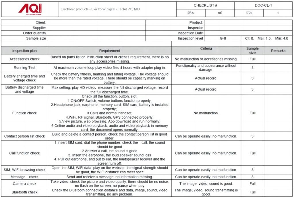 QC Inspection Checklist