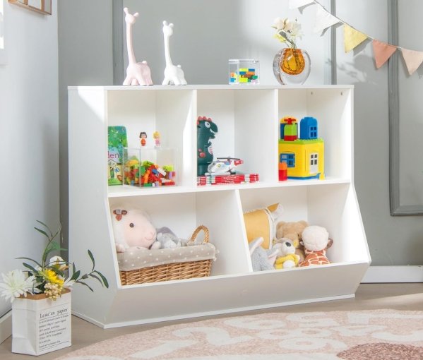 wooden open shelving units for kids